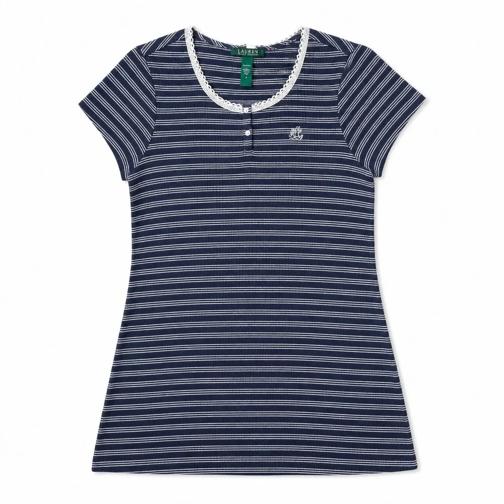 Ralph Lauren Striped Cotton Sleep Shirt Navy Small Henley Comfy Soft Lounge